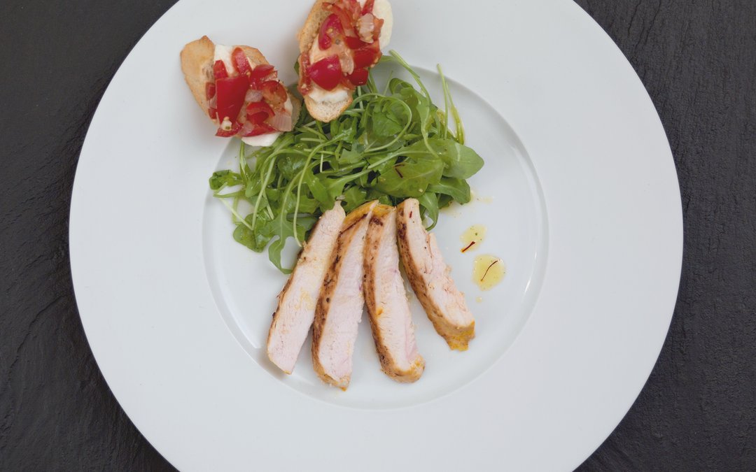 Breast of Spring Chicken with Saffron Vinaigrette and Bruschetta