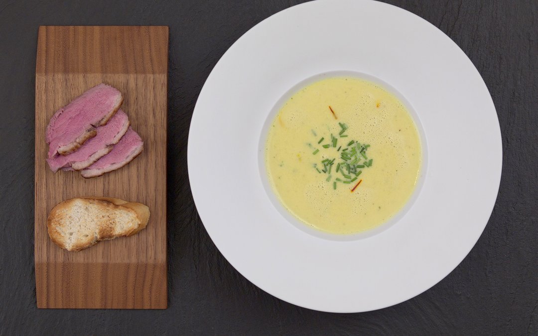 Yellow Bell Pepper Soup with Saffron and Breast of Duck